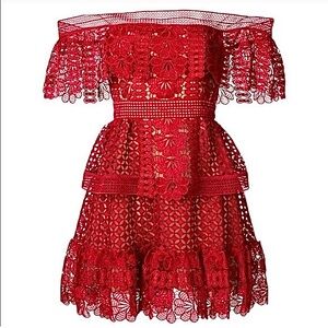 SELF-PORTRAIT Off-the-Shoulder Guipure Lace Red Mini Dress - Size US8
